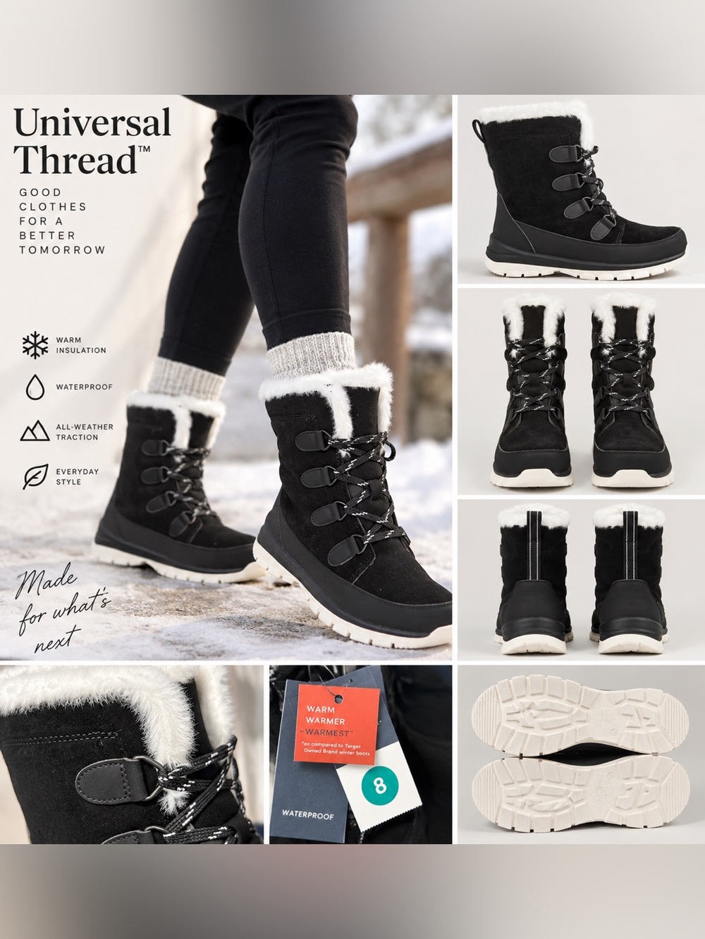Universal Thread Women’s 8 Waterproof Black Faux Fur Snow Boots NWT